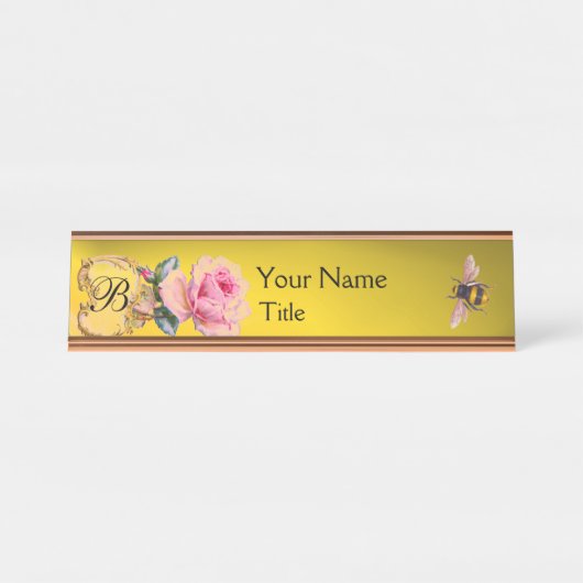 ELEGANT PINK ROSE EN HONEY BEEKEEPER MONOGRAM BUREAU NAAMBORDJE (Voorkant)