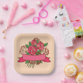 Elegant Pink Rose Floral Bouquet Papieren Bordje (Feest)