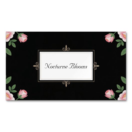 Elegant Pink Rose Floral Gold Scroll Black Magnetisch Visitekaartje (Voorkant)