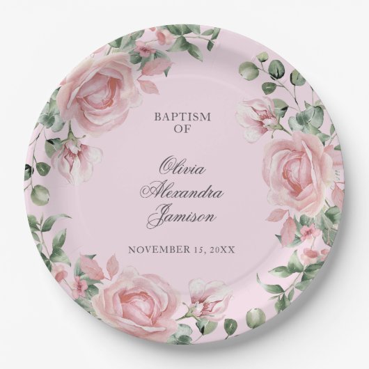 Elegant Pink Rose Girl's Baptism Papieren Bordje (Voorkant)