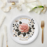 Elegant Pink Rose & Gold Floral Art Personalize Papieren Bordje<br><div class="desc">These personalized paper plates showcase a stunning illustration of a soft pink rose surrounded by black leaves with gold veining, delicate white blossoms, and graceful golden vines forming a decorative circular frame. The luxurious floral artwork creates a romantic, feminine aesthetic perfect for weddings, bridal showers, birthdays, tea parties, anniversaries, or...</div>