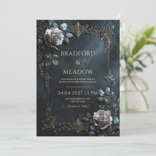 Elegant Pink Rose Silver Leaf Frame Wedding Kaart (Staand voorkant)