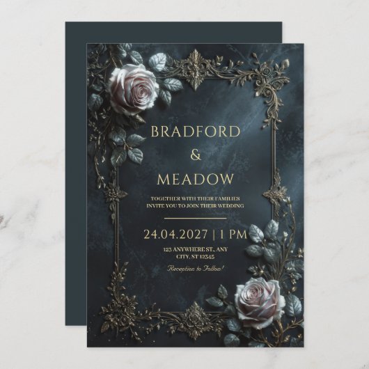 Elegant Pink Rose Silver Leaf Frame Wedding Kaart (Voorkant / Achterkant)