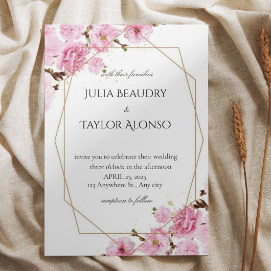 Elegant Pink Rose Wedding Invite Kaart