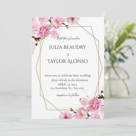 Elegant Pink Rose Wedding Invite Kaart (Staand voorkant)