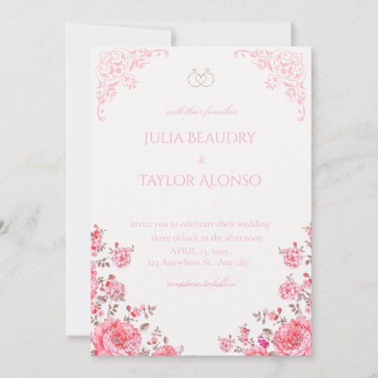 Elegant Pink Rose Wedding Invite Kaart (Voorkant)