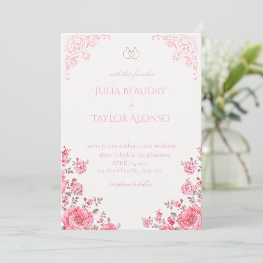 Elegant Pink Rose Wedding Invite Kaart (Staand voorkant)