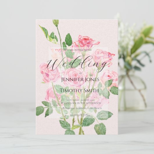 elegant pink rose wedding kaart (Staand voorkant)