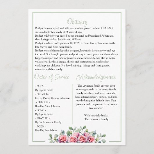 Elegant Pink Roses Celebrating Life Of - Funeral Programmakaart (Achterkant)