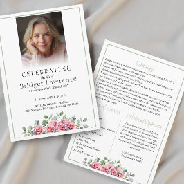 Elegant Pink Roses Celebrating Life Of - Funeral Programmakaart