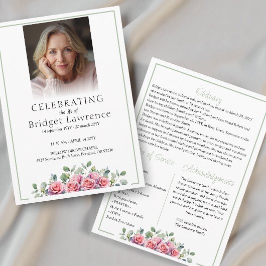 Elegant Pink Roses Celebrating Life Of - Funeral Programmakaart