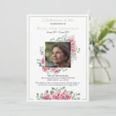 Elegant Pink Roses Eucalyptus Green Photo Funeral Kaart (Staand voorkant)