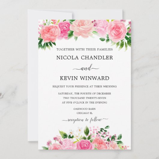 Elegant Pink Roses Floral Wedding Kaart (Voorkant)