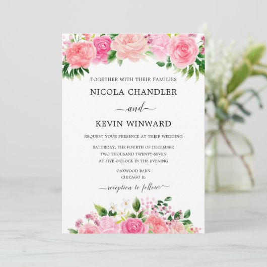 Elegant Pink Roses Floral Wedding Kaart (Staand voorkant)