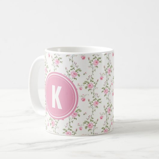 Elegant Pink Roses Flowers Pattern Monogram Koffiemok (Voorkant links)