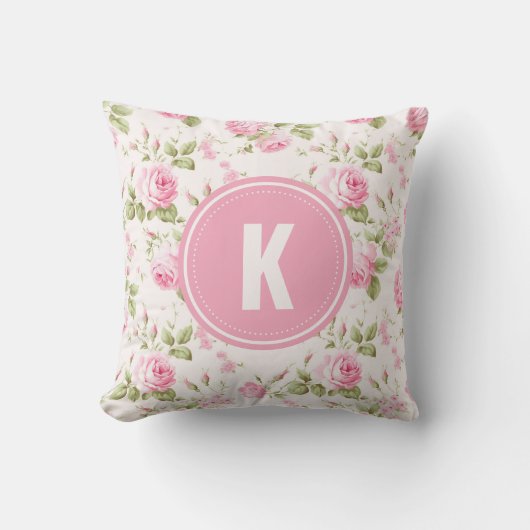 Elegant Pink Roses Flowers Pattern Monogram Kussen (Voorkant)