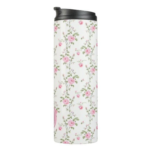 Elegant Pink Roses Flowers Pattern Monogram Thermosbeker (Geroteerd rechts)