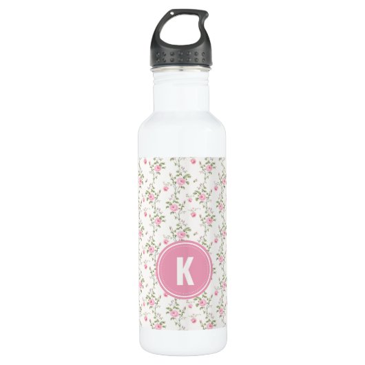 Elegant Pink Roses Flowers Pattern Monogram Waterfles (Voorkant)