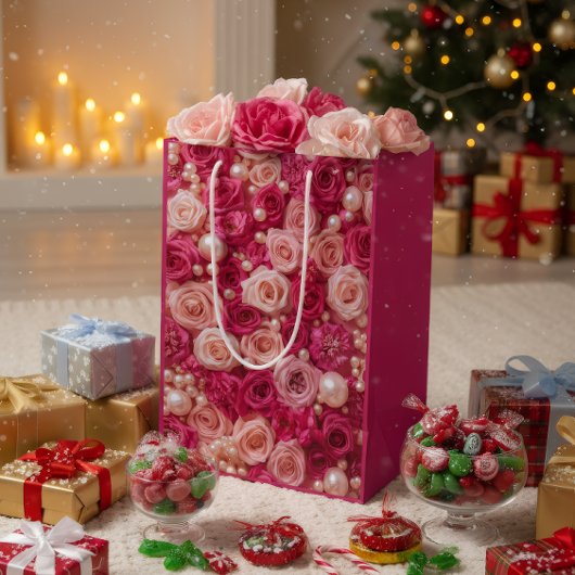 Elegant Pink Roses Gift Bag Medium Cadeauzakje