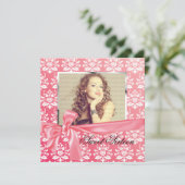 Elegant Pink Satin Damask Foto Birthday Party Kaart (Staand voorkant)