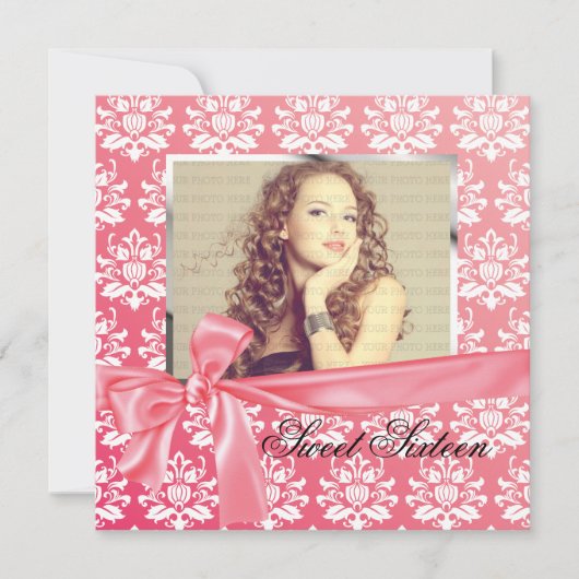 Elegant Pink Satin Damask Foto Birthday Party Kaart (Voorkant)