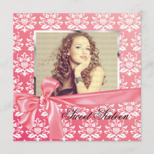 Elegant Pink Satin Damask Foto Birthday Party Kaart