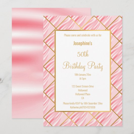 ELEGANT  PINK SATIN GOLD BIRTHDAY INVITATION KAART (Voorkant / Achterkant)