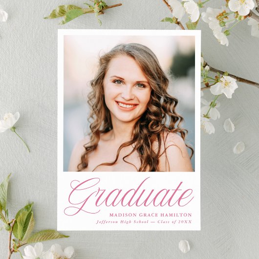 Elegant Pink Script Photo Graduation Aankondiging