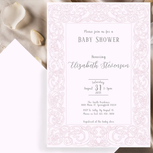 Elegant Pink Scrollwork Baby Shower Kaart