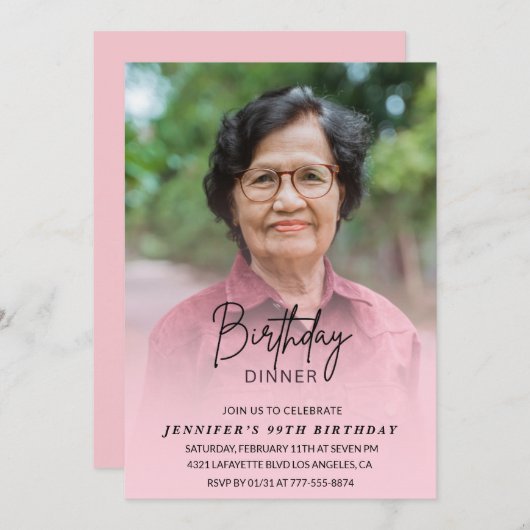 Elegant Pink Shadow Dinner Foto 99e verjaardag Kaart (Voorkant / Achterkant)