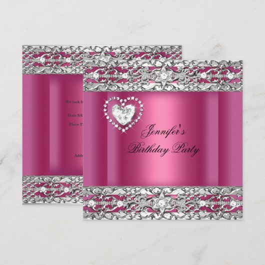 Elegant Pink Silver Diamond Birthday Party Kaart (Voorkant / Achterkant)