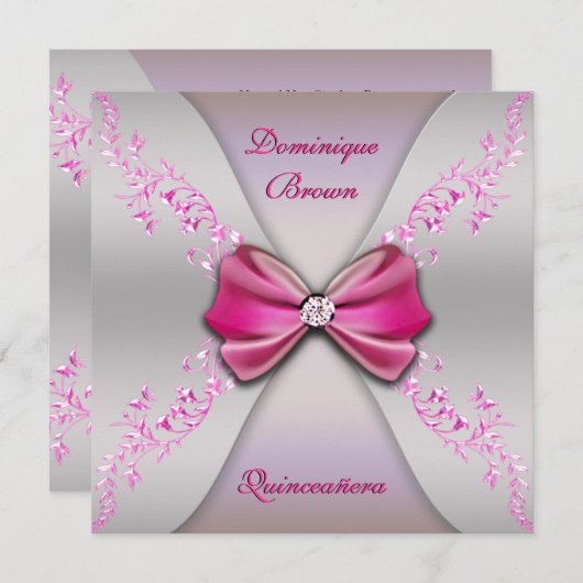Elegant Pink Silver Diamond Bow Quinceanera Kaart (Voorkant / Achterkant)