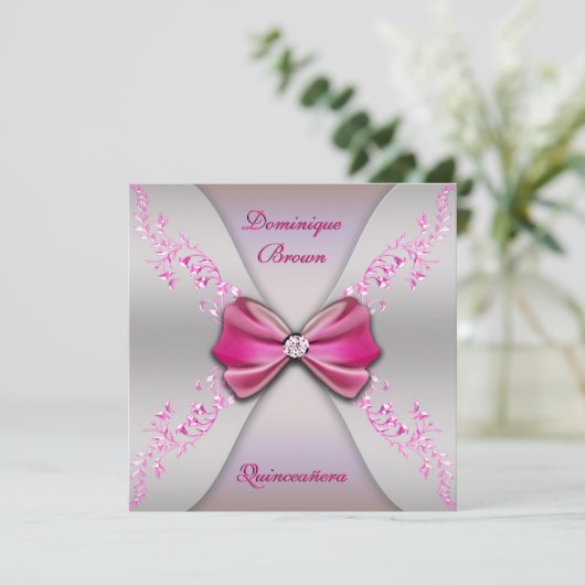Elegant Pink Silver Diamond Bow Quinceanera Kaart (Staand voorkant)