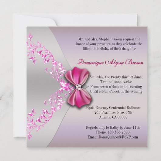 Elegant Pink Silver Diamond Bow Quinceanera Kaart (Achterkant)