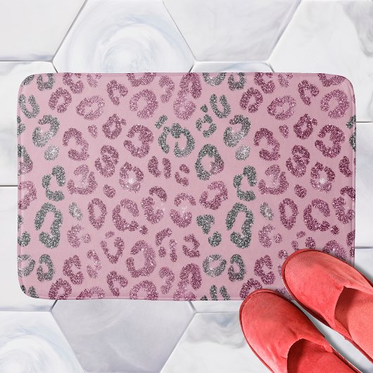 Elegant Pink Silver Glitter Leopard on Rose Gold Badmat