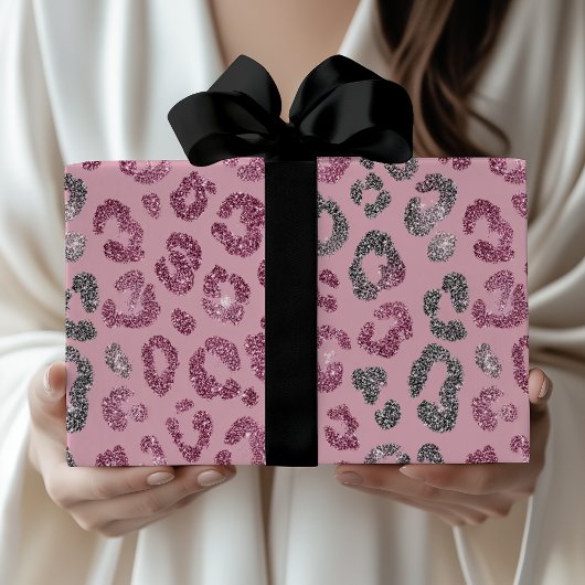 Elegant Pink Silver Glitter Leopard on Rose Gold Cadeaupapier