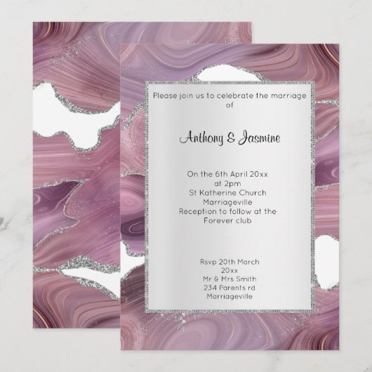 ELEGANT PINK SILVER MARBLE WEDING KAART (Voorkant / Achterkant)