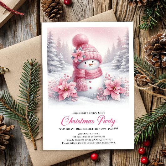 Elegant Pink Snowman Kids Christmas Invite Digital Kaart