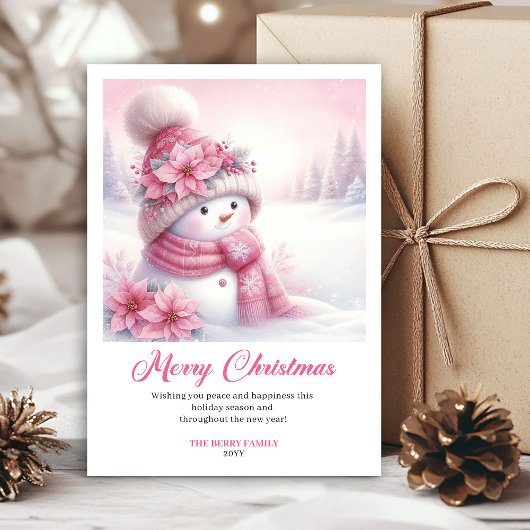 Elegant Pink Snowman Kids Digital Christmas Cards Feestdagenkaart