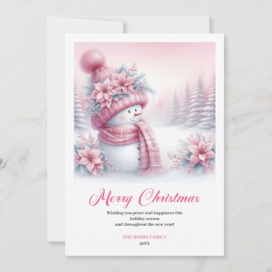 Elegant Pink Snowman Kids Editable Christmas Card Feestdagenkaart (Voorkant)