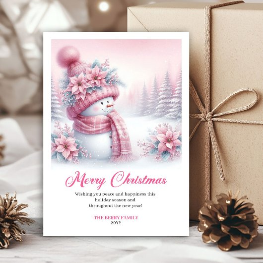 Elegant Pink Snowman Kids Editable Christmas Card Feestdagenkaart