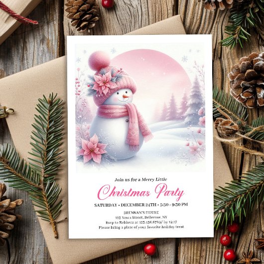 Elegant Pink Snowman Kids Editable Christmas Invit Kaart