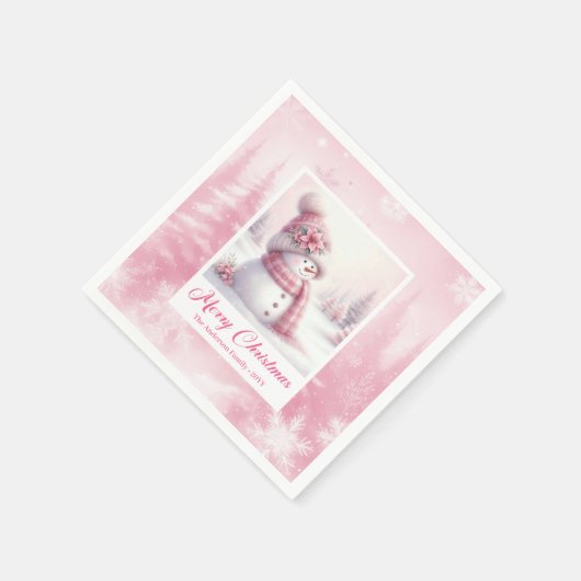 Elegant Pink Snowman Kids Winter Scene Party Xmas Servet (Hoek)