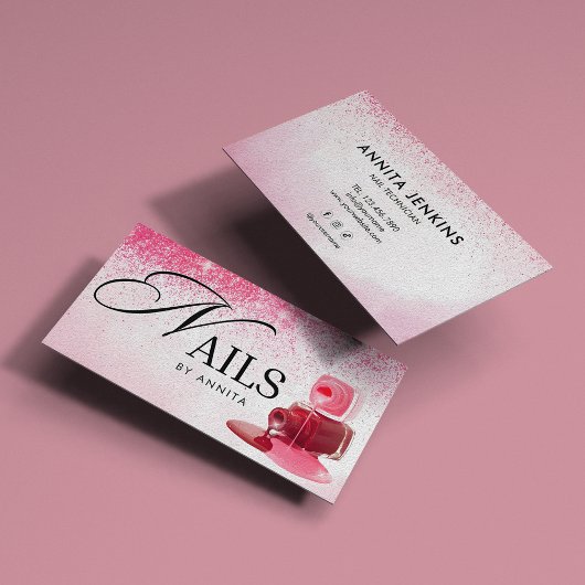 Elegant Pink Sparkly Nails Technician Monogram  Visitekaartje