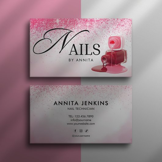 Elegant Pink Sparkly Nails Technician Monogram  Visitekaartje