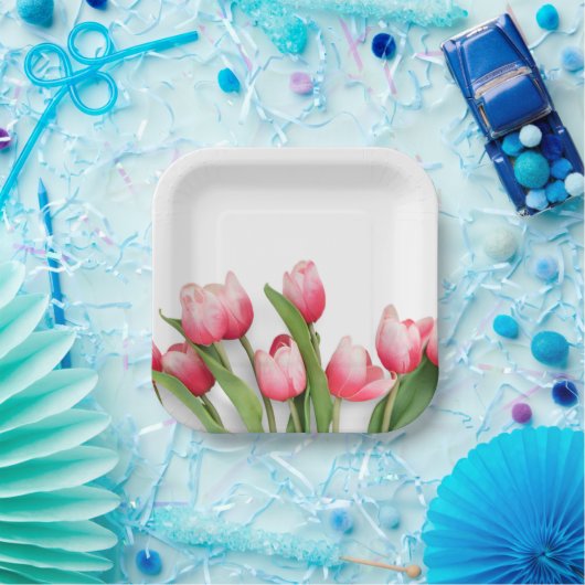 Elegant Pink Spring Tulip Floral Papieren Bordje (Feest)