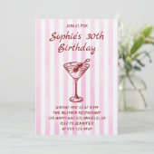 Elegant Pink Striped Martini 30th Birthday Kaart (Staand voorkant)