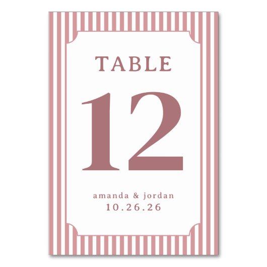 Elegant Pink Striped Table Number Kaart (Voorkant)