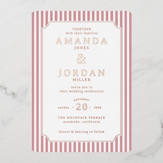 Elegant Pink Striped Wedding Invitation Folie Uitnodiging (Voorkant)