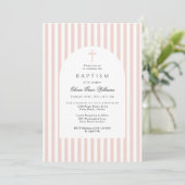Elegant Pink Stripes Baptism Invitation for Girl Kaart (Staand voorkant)
